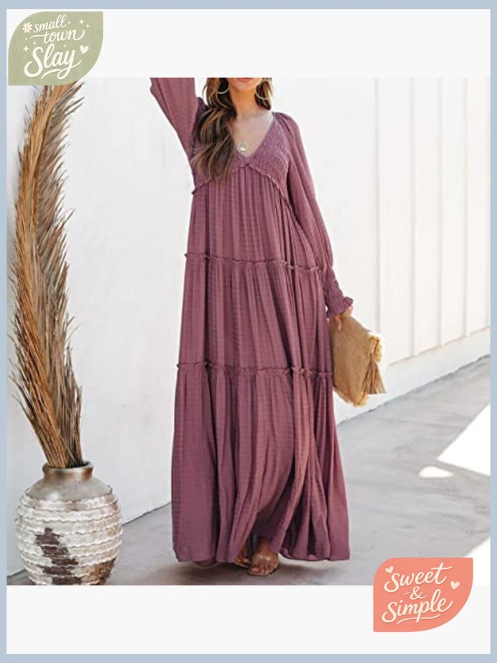 Flowy Maxi Dress Long Sleeve V Neck Empire Waist Ruffle Boho Casual - Picture 2 of 7